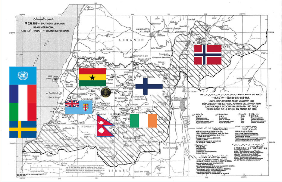 Karta över södra Libanon med FN-förbanden utmärkta som det såg ut 1990.